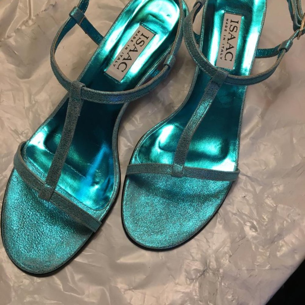 Turquoise Blue Leather Kitten Heel Sling Backs NEW